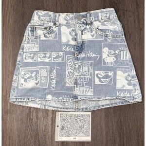 H&M Disney Mickey Mouse x Keith Haring Denim Skirt Graphic Art 5/6 WITH STICKER!